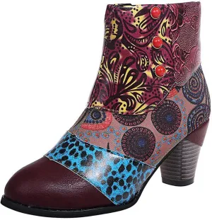 Womens Vintage Print Short Leather Boots Fashion Casual Retro National-Style Splicing Mid Thick Heel Zipper Comfortable Shoes