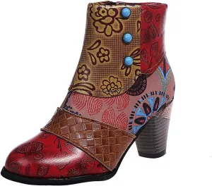 Womens Vintage Print Short Leather Boots Fashion Casual Retro National-Style Splicing Mid Thick Heel Zipper Comfortable Shoes