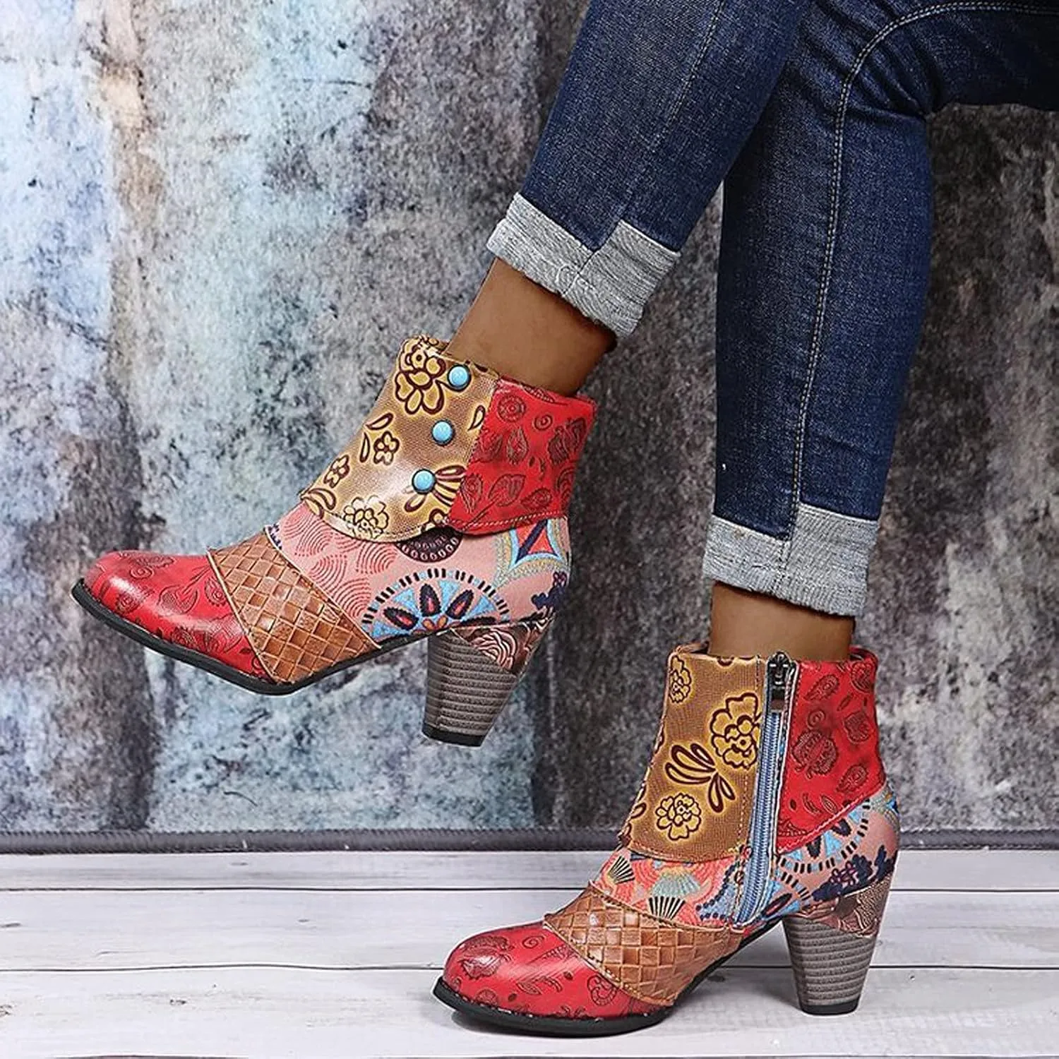 Womens Vintage Print Short Leather Boots Fashion Casual Retro National-Style Splicing Mid Thick Heel Zipper Comfortable Shoes