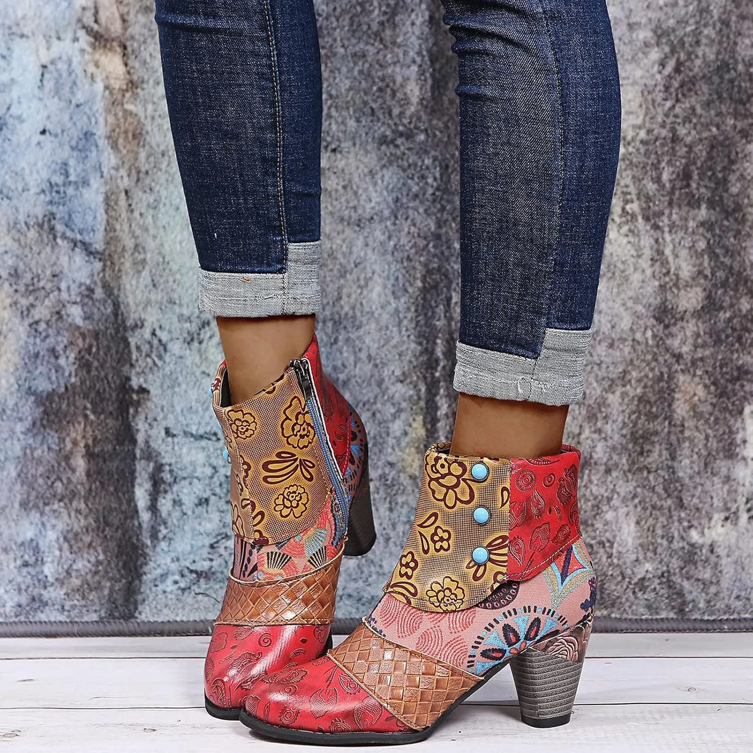 Womens Vintage Print Short Leather Boots Fashion Casual Retro National-Style Splicing Mid Thick Heel Zipper Comfortable Shoes