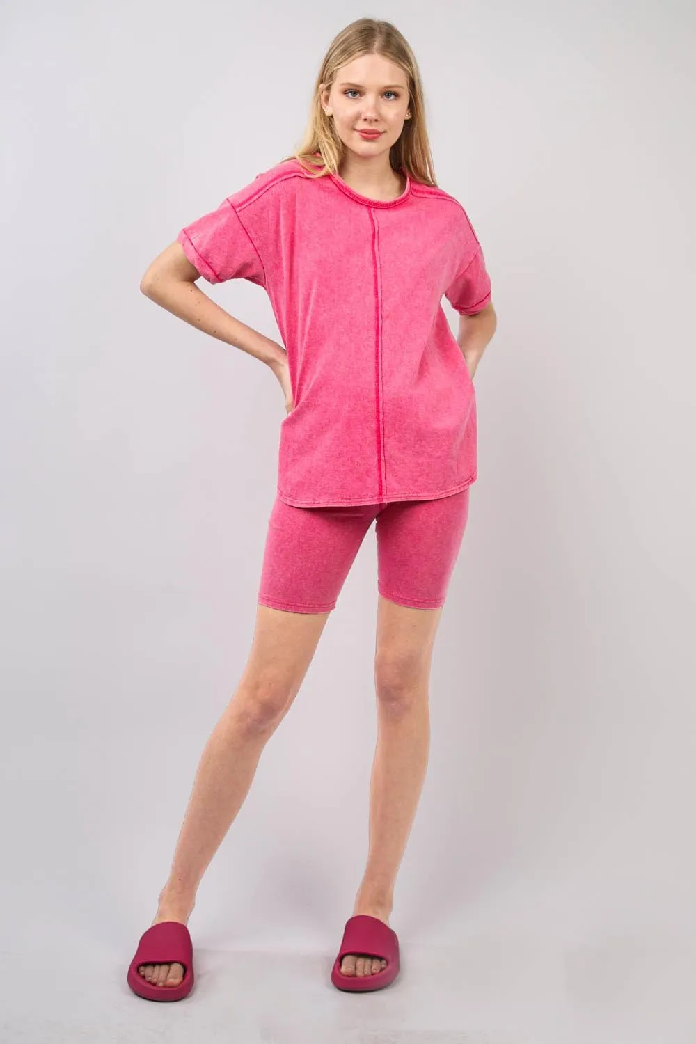 Women’s Washed Knit Activewear Set – Oversized Lounge A & Stretch Shorts | Comfy 2 Piece Set with Drop Shoulder & Twist Hem