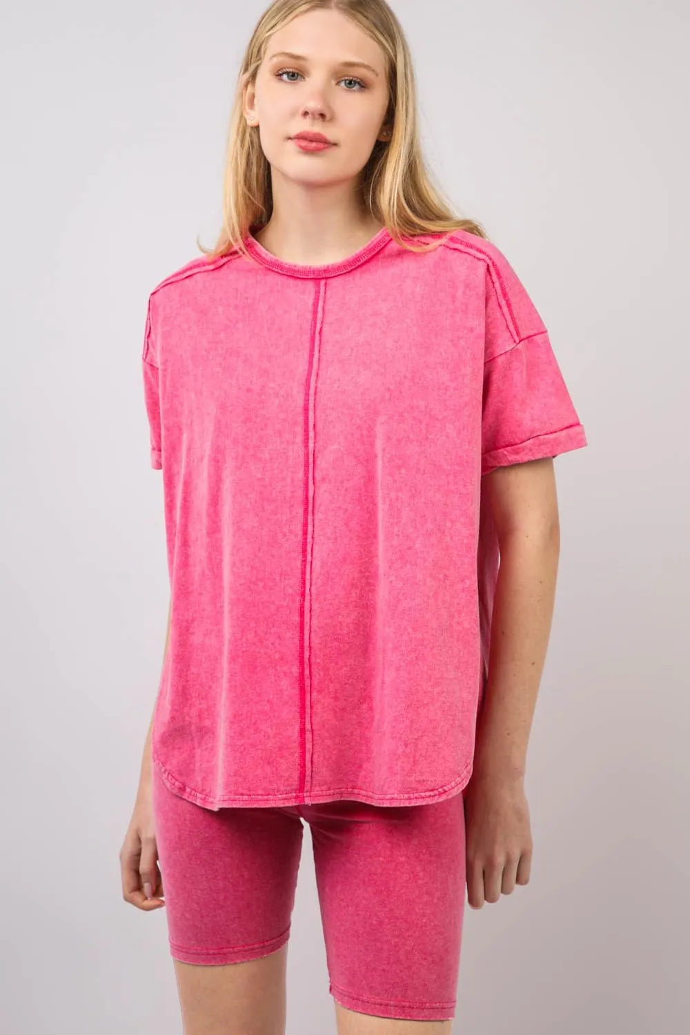 Women’s Washed Knit Activewear Set – Oversized Lounge A & Stretch Shorts | Comfy 2 Piece Set with Drop Shoulder & Twist Hem