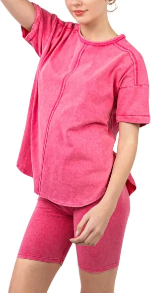 Women’s Washed Knit Activewear Set – Oversized Lounge A & Stretch Shorts | Comfy 2 Piece Set with Drop Shoulder & Twist Hem