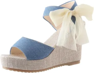 Women's Wedge Espadrille Sandals Platform Bow Ankle Tie Espadrilles Satin Lace Up Slides Open Toe Slip On Casual High Mules Wedges Heel Floral Printed Slingback Strap Bowknot Shoes Sandal