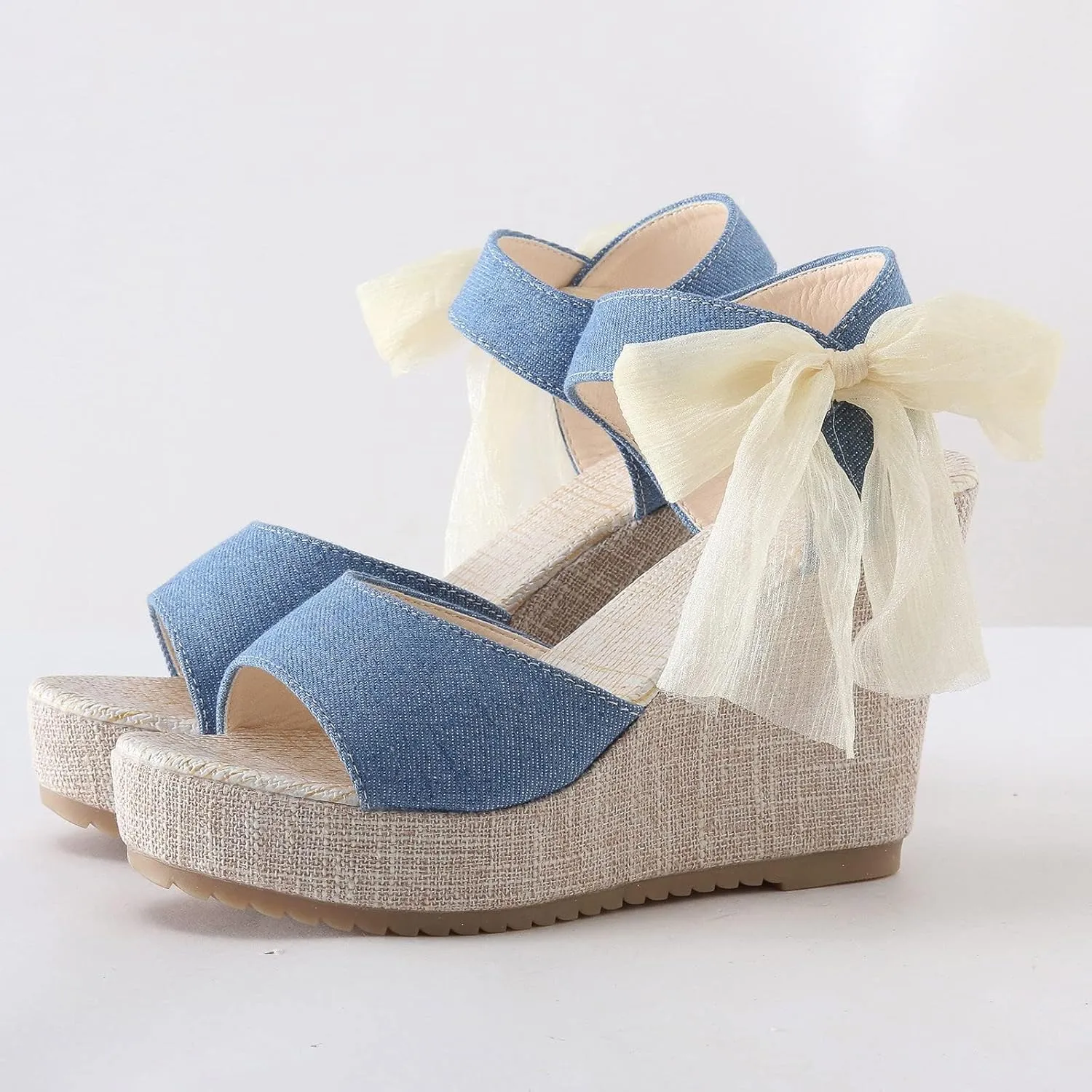 Women's Wedge Espadrille Sandals Platform Bow Ankle Tie Espadrilles Satin Lace Up Slides Open Toe Slip On Casual High Mules Wedges Heel Floral Printed Slingback Strap Bowknot Shoes Sandal