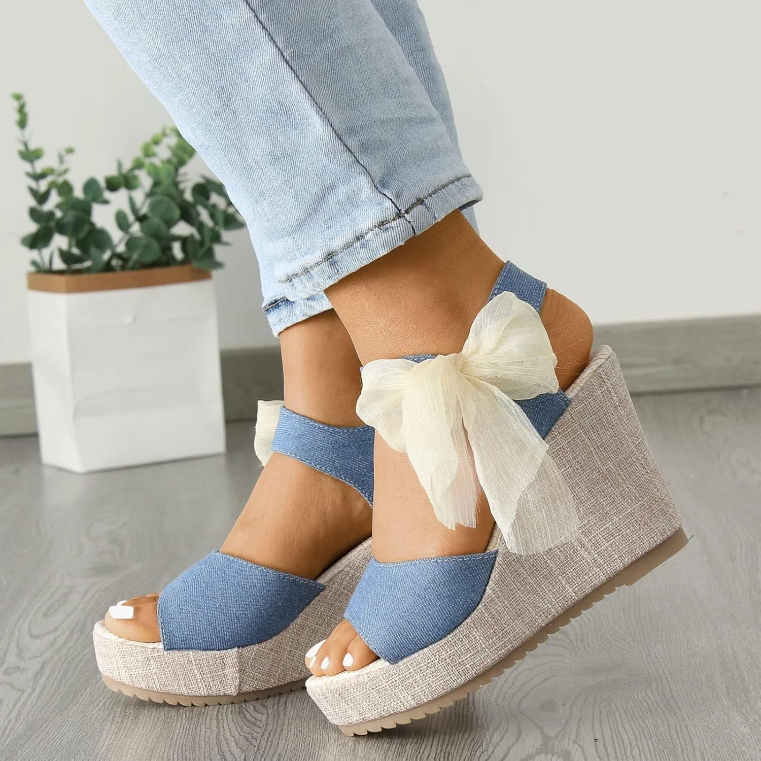 Women's Wedge Espadrille Sandals Platform Bow Ankle Tie Espadrilles Satin Lace Up Slides Open Toe Slip On Casual High Mules Wedges Heel Floral Printed Slingback Strap Bowknot Shoes Sandal