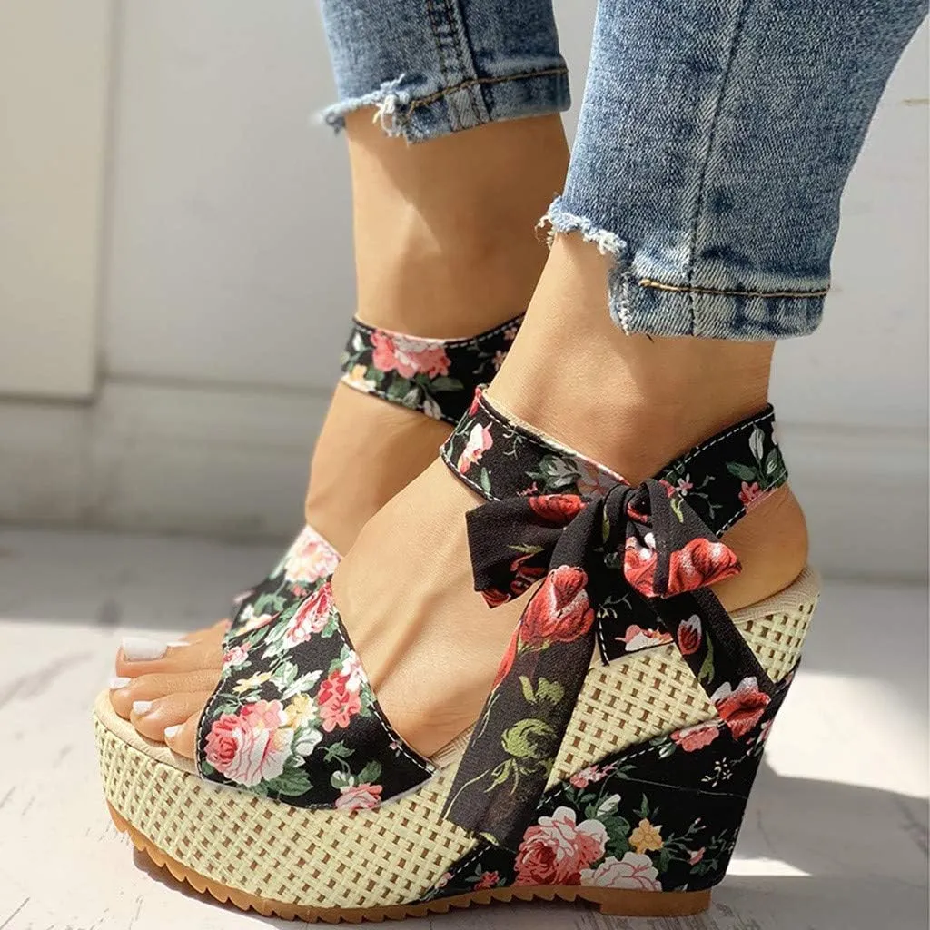 Womens Wedge Platform Sandals Open Toe High Heels Cute Bowknot Ankle Strap Sandals Dressy Summer Shoes Wedges Heel
