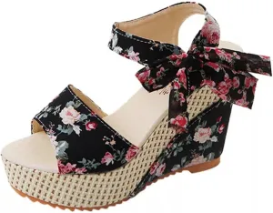 Womens Wedge Platform Sandals Open Toe High Heels Cute Bowknot Ankle Strap Sandals Dressy Summer Shoes Wedges Heel