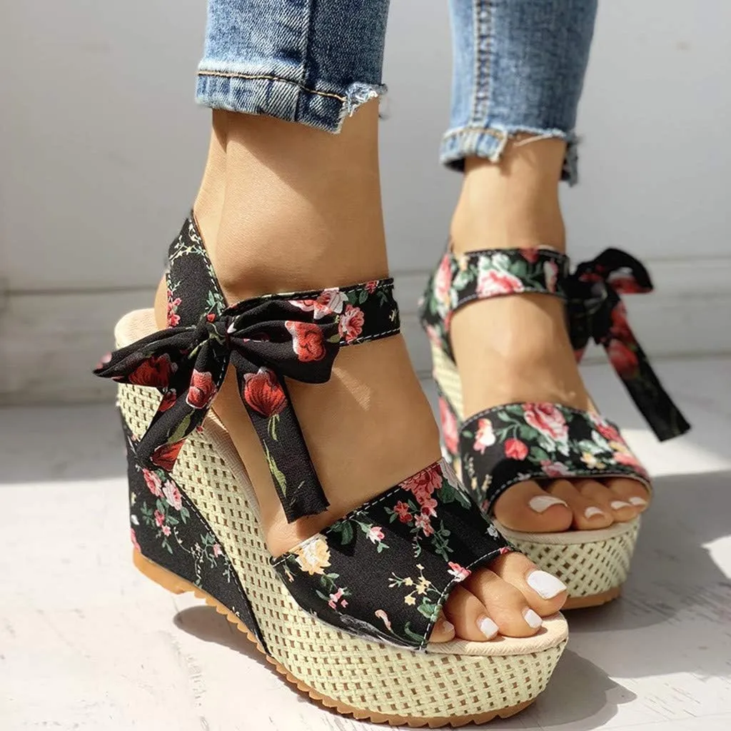 Womens Wedge Platform Sandals Open Toe High Heels Cute Bowknot Ankle Strap Sandals Dressy Summer Shoes Wedges Heel