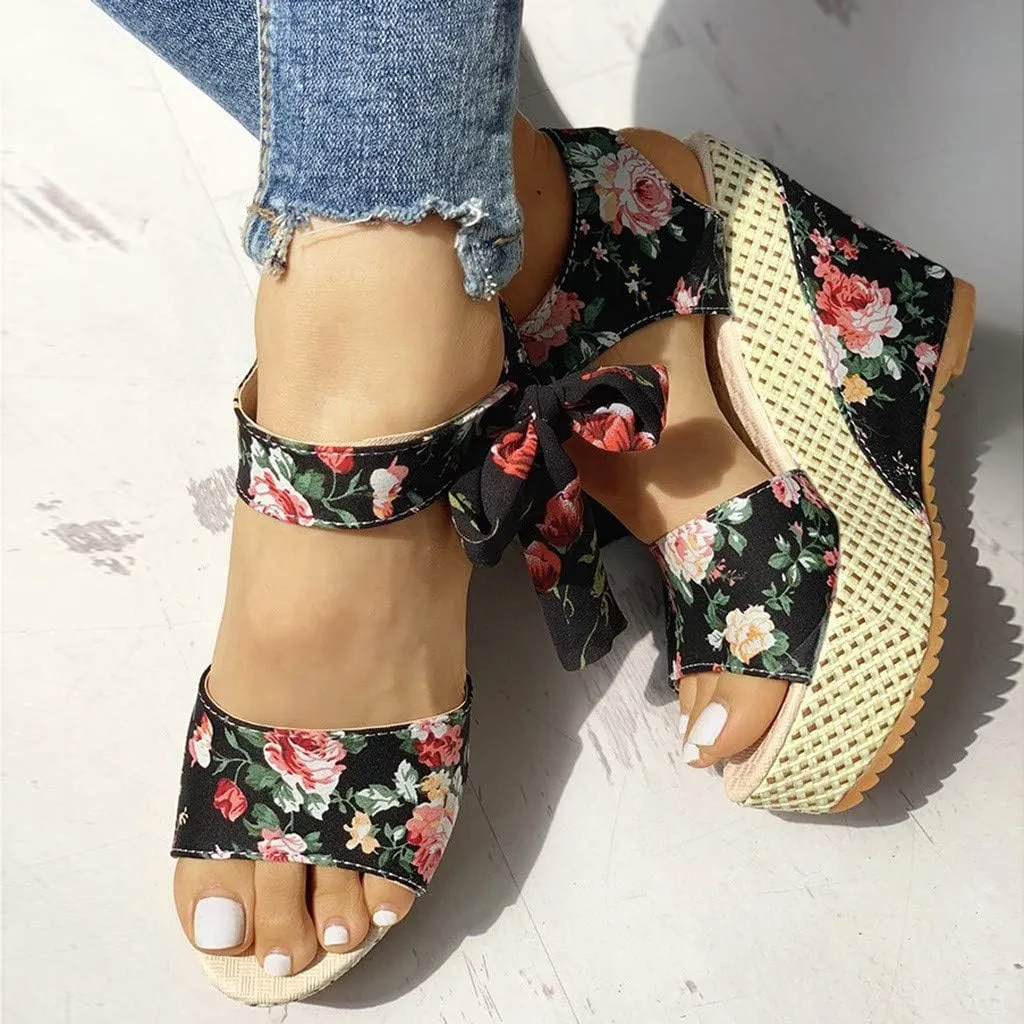 Womens Wedge Platform Sandals Open Toe High Heels Cute Bowknot Ankle Strap Sandals Dressy Summer Shoes Wedges Heel