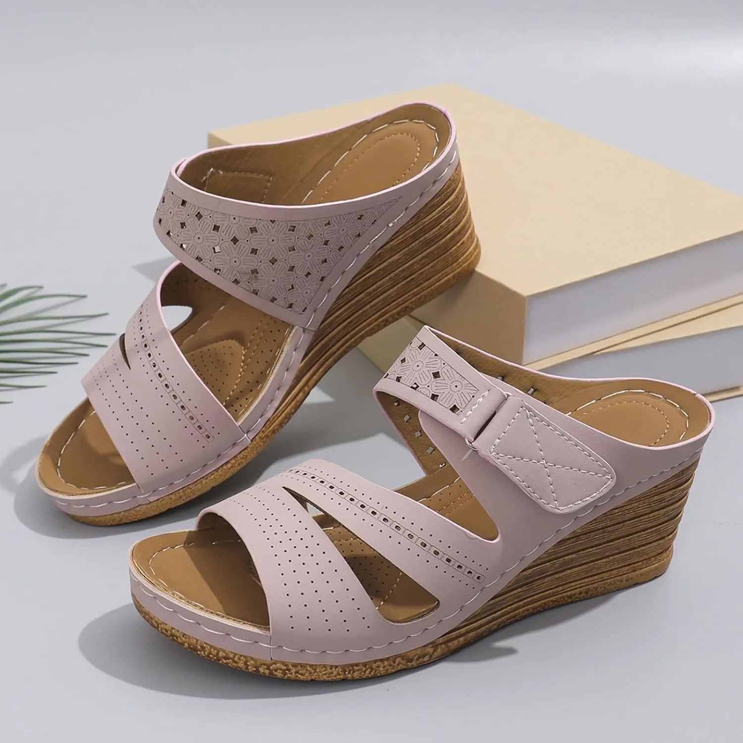 Womens Wedge Sandals Leather Dressy Sandal Comfortable Walking Casual Slip on Summer Shoes Orthopedic 2025 Spring Flops Platform Bohemian Flip Espadrilles Open Toe Solid Color Beach Vacation