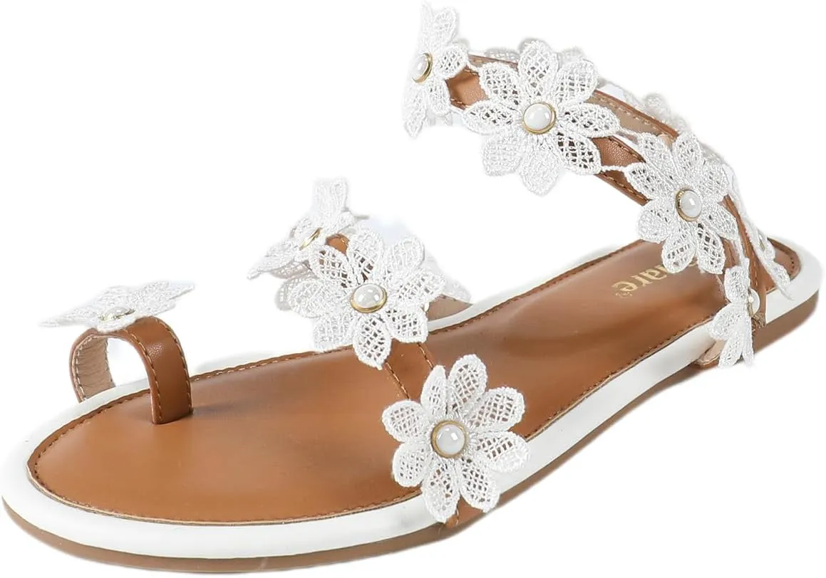 Women's White Floral Flat Sandals Open Toe Boho Lace Cutout Flower Shoes with Pearl Details Easy Wear Non-Slip for Daily Life Beach Wedding & Summer Vacation Sandals