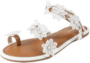 Women's White Floral Flat Sandals Open Toe Boho Lace Cutout Flower Shoes with Pearl Details Easy Wear Non-Slip for Daily Life Beach Wedding & Summer Vacation Sandals
