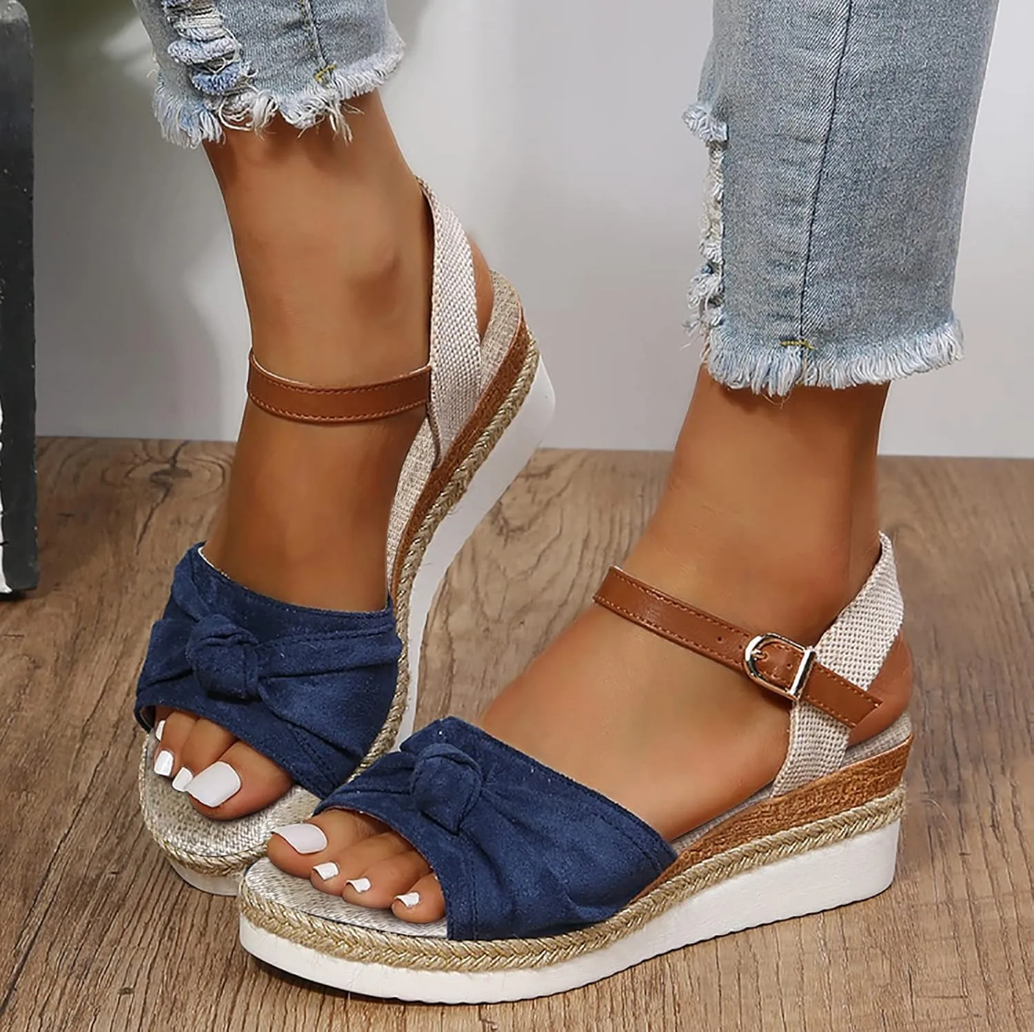 Womenyiaor Wedge Sandals for Women, Espadrilles Wedges Sandals Women, Womens Sandals Comfortable Dressy Platform Sandals, Ladies Sandals Open Toe Buckle Ankle Strap Low Wedge Sandals Summer Sandals