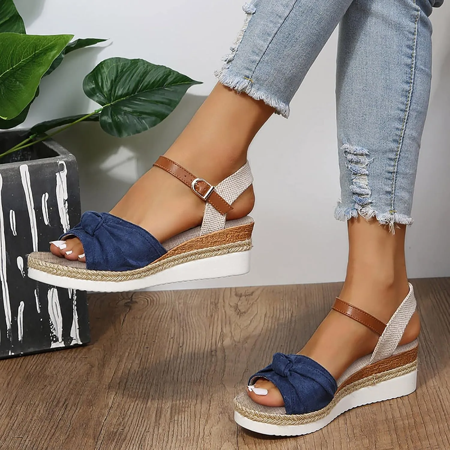 Womenyiaor Wedge Sandals for Women, Espadrilles Wedges Sandals Women, Womens Sandals Comfortable Dressy Platform Sandals, Ladies Sandals Open Toe Buckle Ankle Strap Low Wedge Sandals Summer Sandals