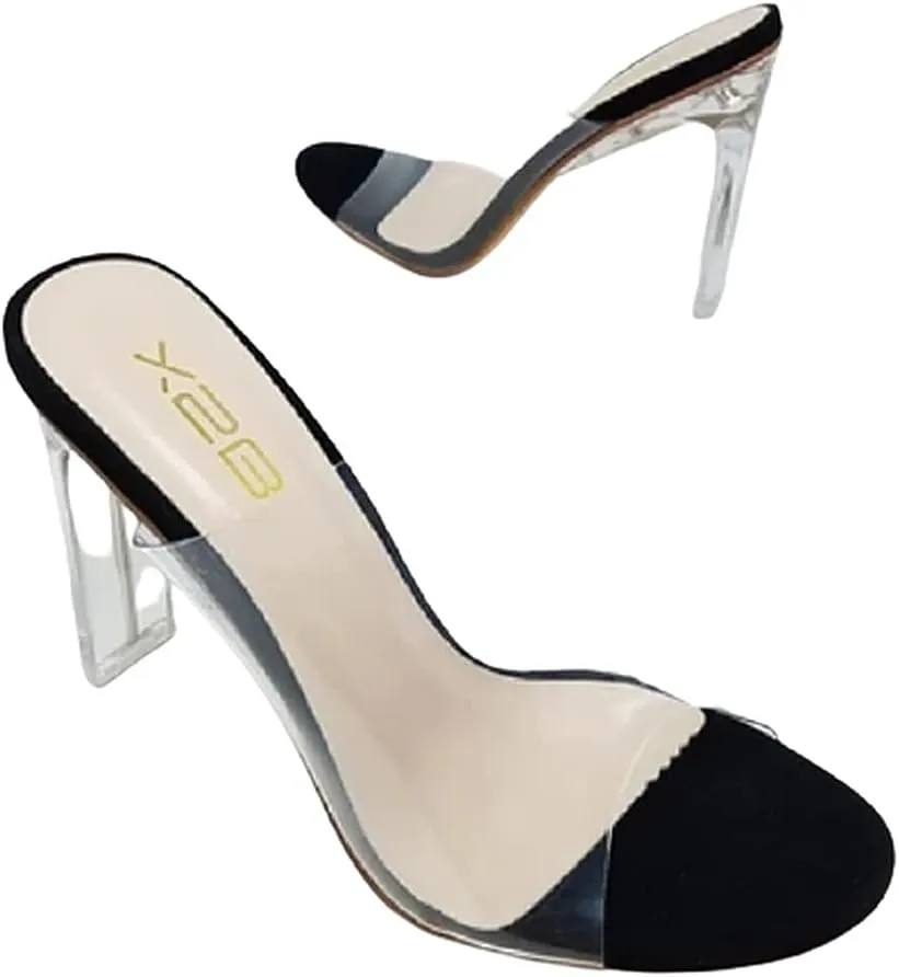 X2B Women Clear Chunky Block High Heels Transparent Strap Slip on Sandals