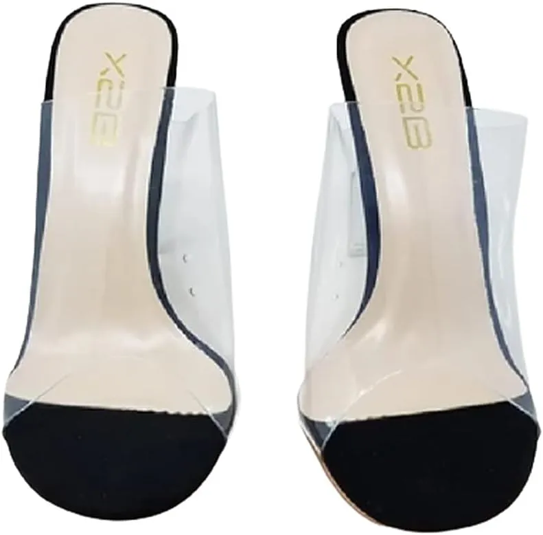 X2B Women Clear Chunky Block High Heels Transparent Strap Slip on Sandals