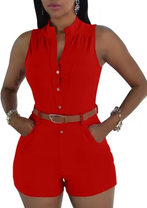 XXTAXN Women's Sexy V Neck Rompers One Piece Short Jumpsuit with Belt And Pockets