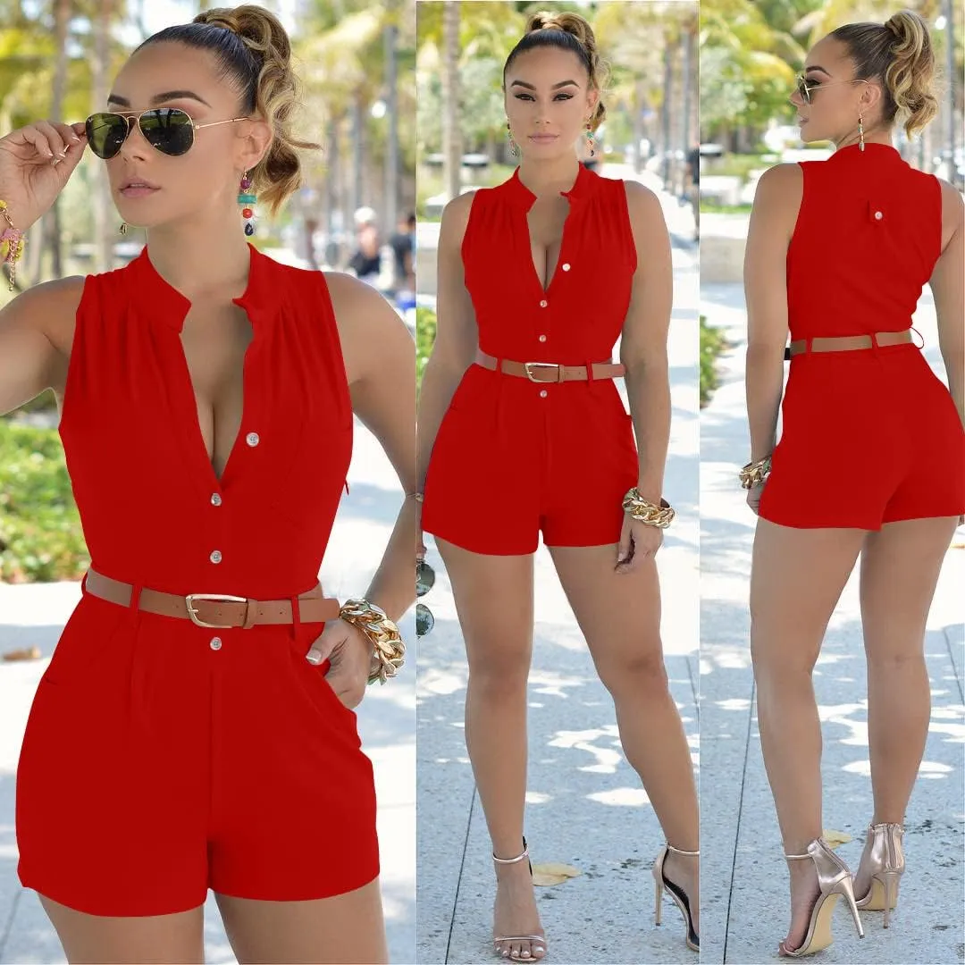 XXTAXN Women's Sexy V Neck Rompers One Piece Short Jumpsuit with Belt And Pockets