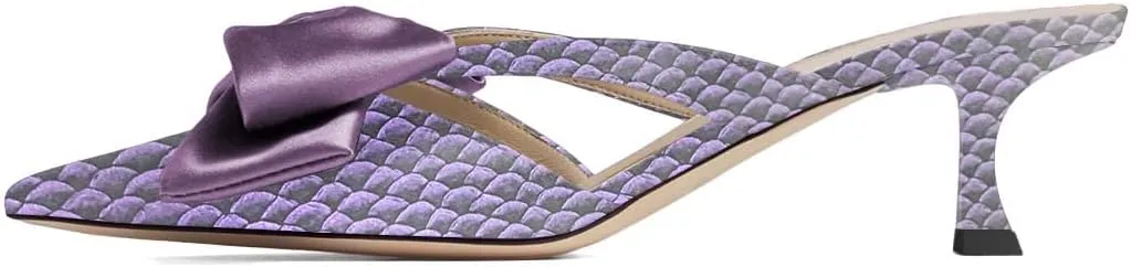 XYD Women Bowknot Closed Pointed Toe Mule Sandals Mid Kitten Heel Slip On Slide Slippers Evening Party Shoes