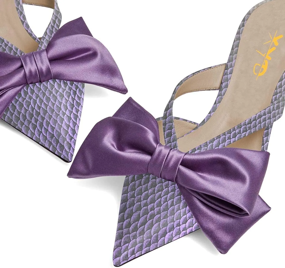 XYD Women Bowknot Closed Pointed Toe Mule Sandals Mid Kitten Heel Slip On Slide Slippers Evening Party Shoes