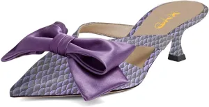 XYD Women Bowknot Closed Pointed Toe Mule Sandals Mid Kitten Heel Slip On Slide Slippers Evening Party Shoes