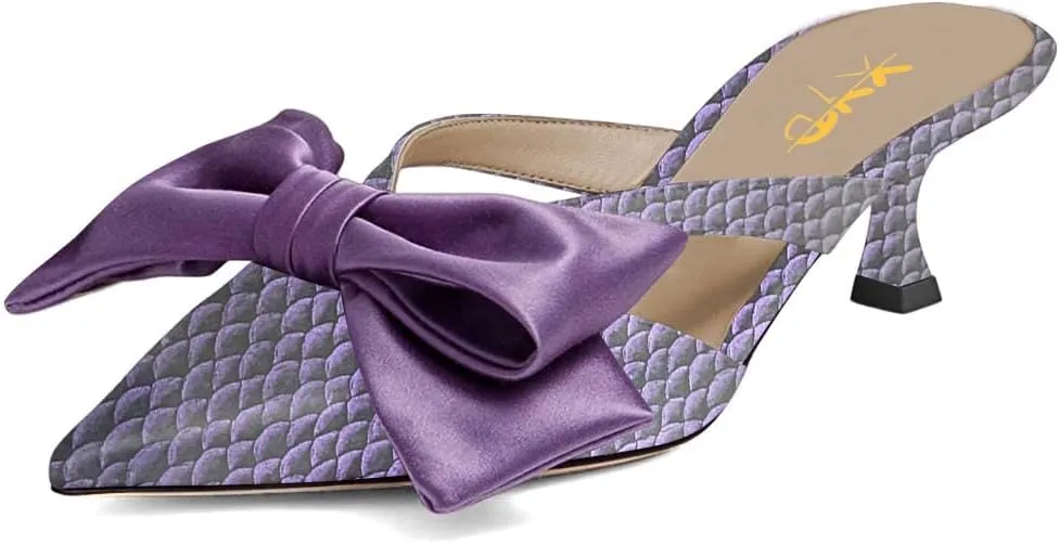 XYD Women Bowknot Closed Pointed Toe Mule Sandals Mid Kitten Heel Slip On Slide Slippers Evening Party Shoes