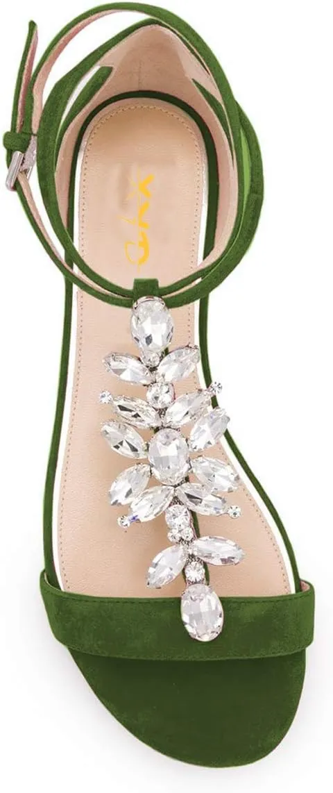 XYD Women Comfort Open Toe Rhinestone T-Strap Flat Sandals Ankle Strap Low Heel Easy Walking Shoes