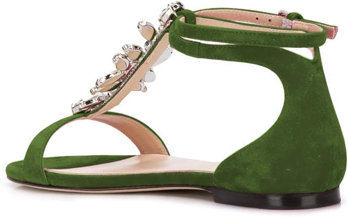 XYD Women Comfort Open Toe Rhinestone T-Strap Flat Sandals Ankle Strap Low Heel Easy Walking Shoes