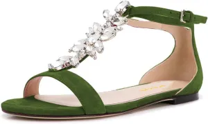 XYD Women Comfort Open Toe Rhinestone T-Strap Flat Sandals Ankle Strap Low Heel Easy Walking Shoes