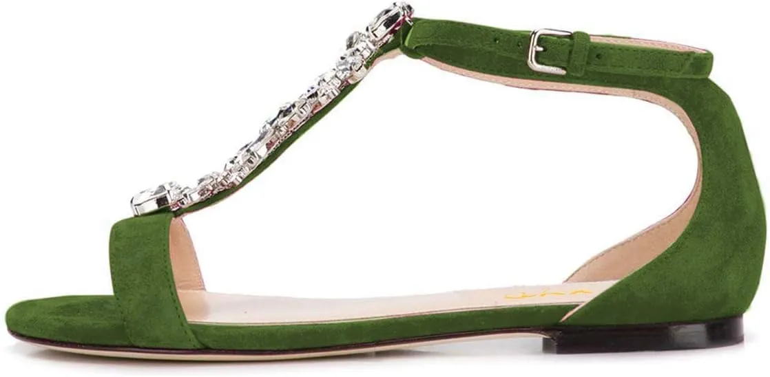 XYD Women Comfort Open Toe Rhinestone T-Strap Flat Sandals Ankle Strap Low Heel Easy Walking Shoes