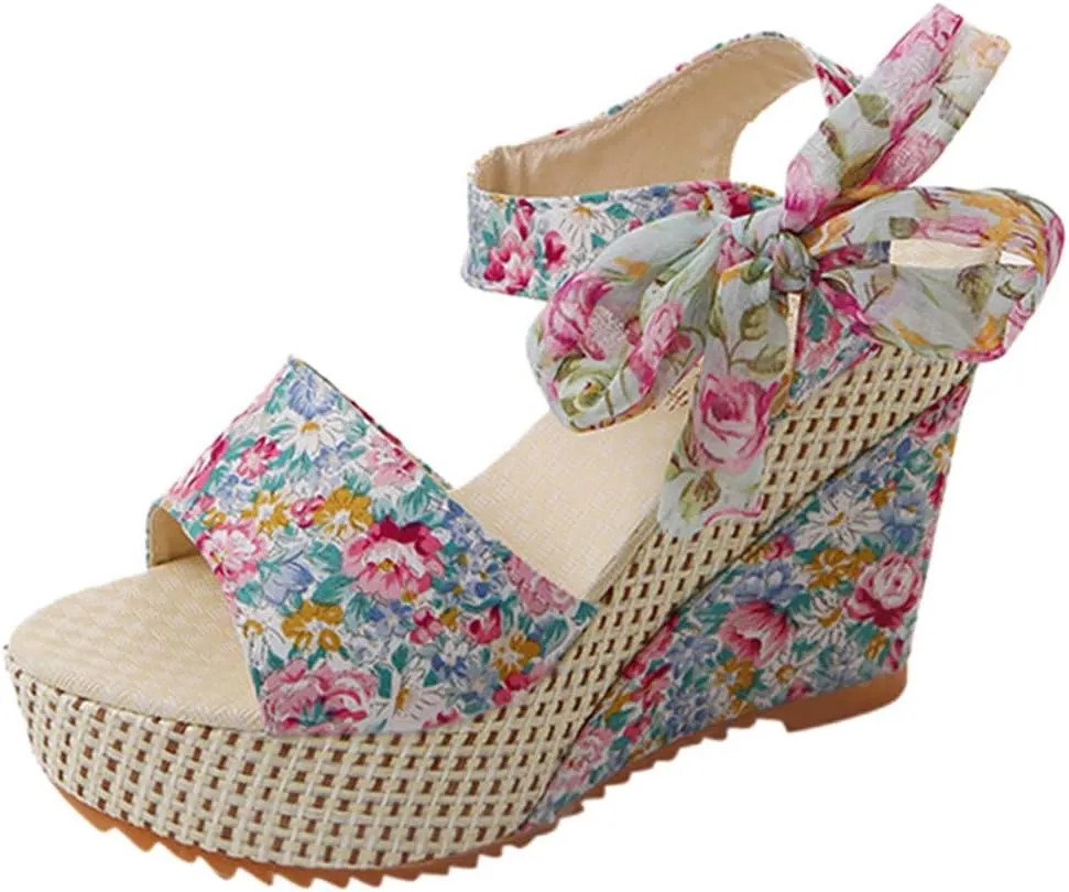Yanzhenglip Sandals for Women Wedge Ankle Buckle Sandals with Strap Bowknot Summer Beach Sandals Wedges Open Toe Espadrille Platform Sandals Arch Support