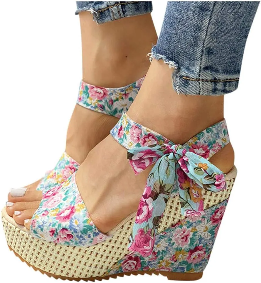 Yanzhenglip Sandals for Women Wedge Ankle Buckle Sandals with Strap Bowknot Summer Beach Sandals Wedges Open Toe Espadrille Platform Sandals Arch Support