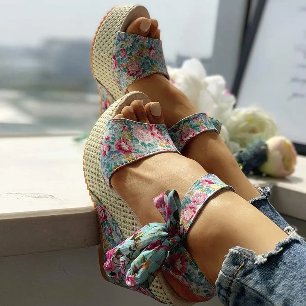 Yanzhenglip Sandals for Women Wedge Ankle Buckle Sandals with Strap Bowknot Summer Beach Sandals Wedges Open Toe Espadrille Platform Sandals Arch Support