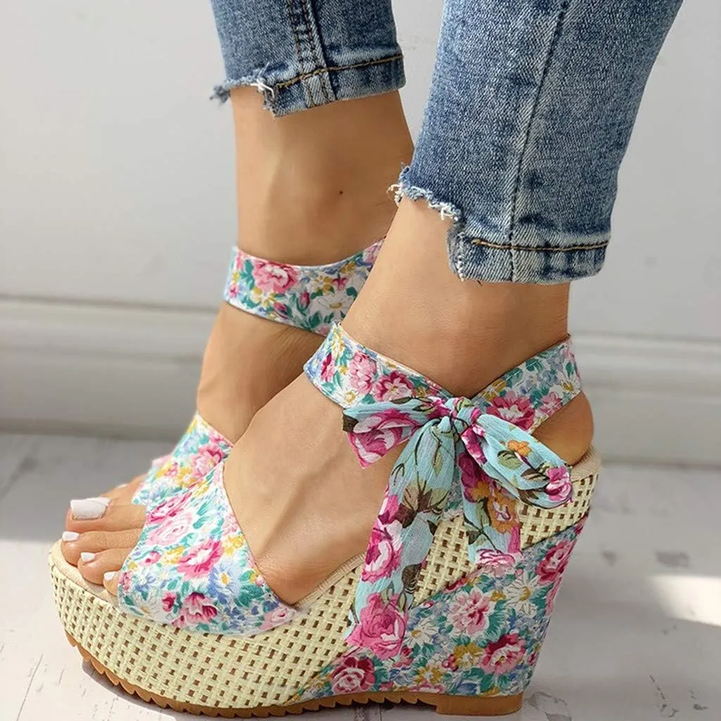 Yanzhenglip Sandals for Women Wedge Ankle Buckle Sandals with Strap Bowknot Summer Beach Sandals Wedges Open Toe Espadrille Platform Sandals Arch Support