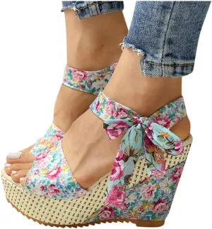 Yanzhenglip Sandals for Women Wedge Ankle Buckle Sandals with Strap Bowknot Summer Beach Sandals Wedges Open Toe Espadrille Platform Sandals Arch Support