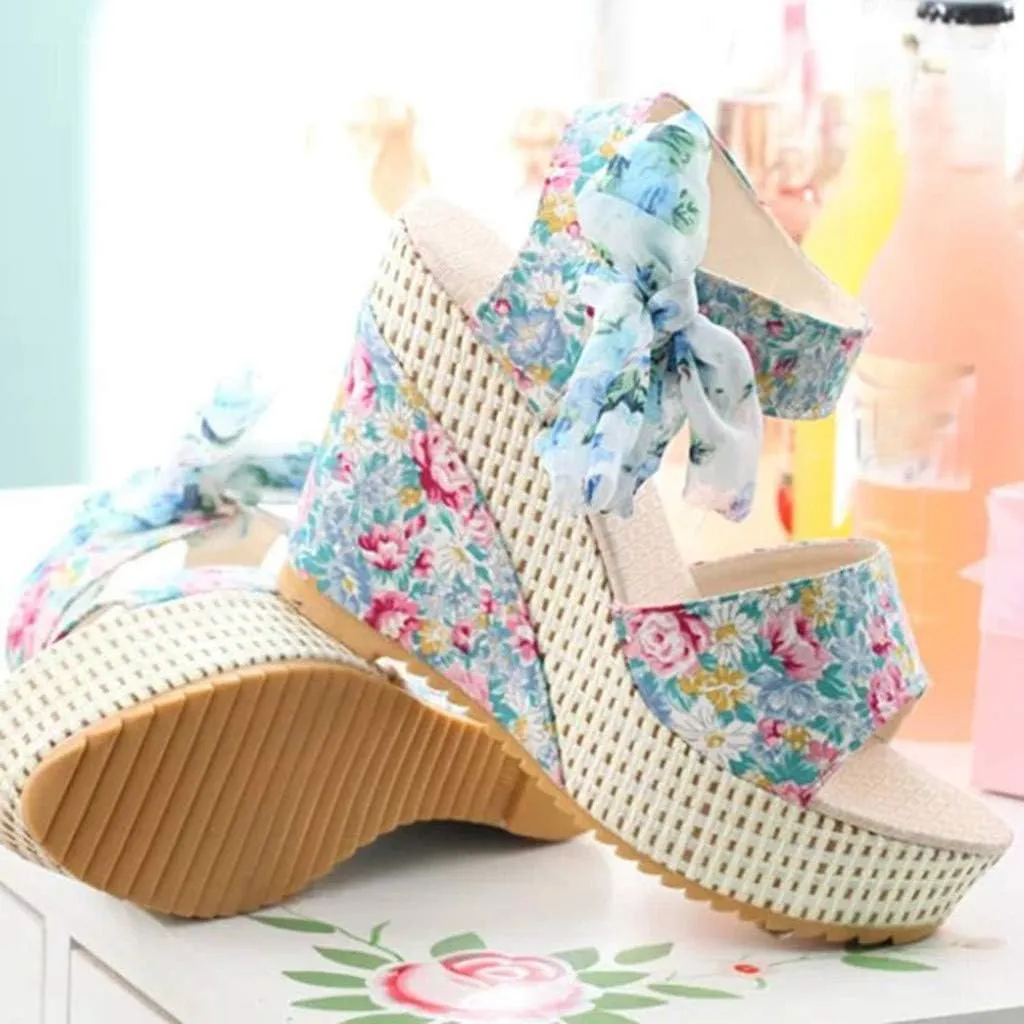 Yanzhenglip Sandals for Women Wedge Ankle Buckle Sandals with Strap Bowknot Summer Beach Sandals Wedges Open Toe Espadrille Platform Sandals Arch Support