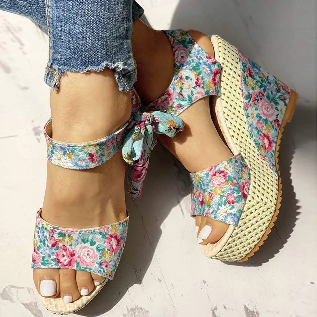 Yanzhenglip Sandals for Women Wedge Ankle Buckle Sandals with Strap Bowknot Summer Beach Sandals Wedges Open Toe Espadrille Platform Sandals Arch Support