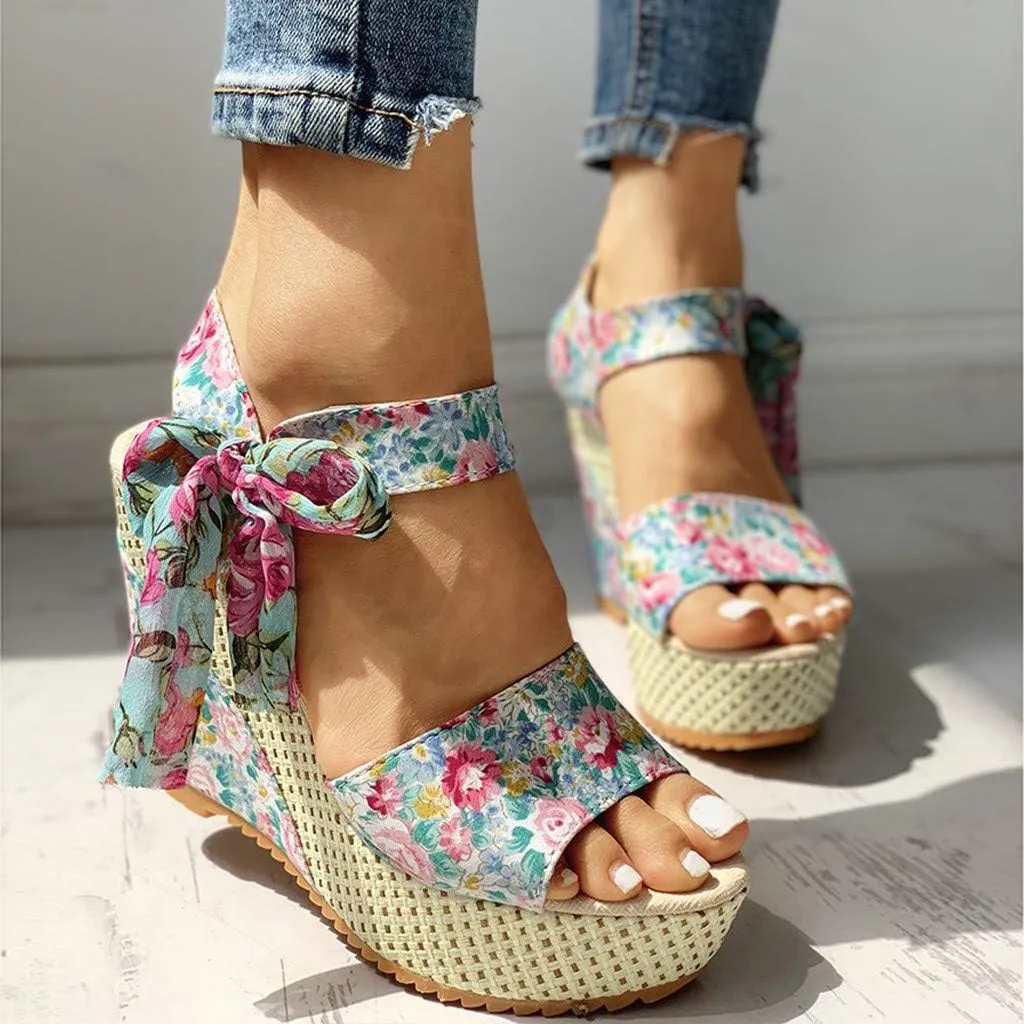 Yanzhenglip Sandals for Women Wedge Ankle Buckle Sandals with Strap Bowknot Summer Beach Sandals Wedges Open Toe Espadrille Platform Sandals Arch Support