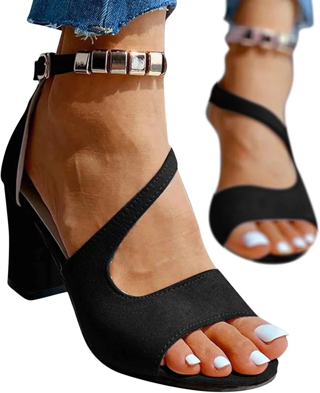 Yanzhenglip Women's Open Toe Stiletto Heeled Sandals Dressy Black High Heels Hollow Out Pointed Toe Sandals Shoes Ankle Buckle Pumps for Dressy Wedding (B-Black, 7)