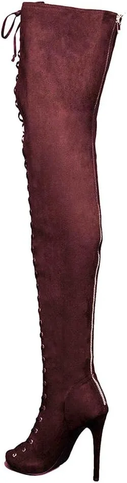 YDN Women Peep Toe Thigh High Heel Boots Stiletto Lace-up Suede Winter Shoes with Zipper