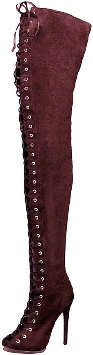 YDN Women Peep Toe Thigh High Heel Boots Stiletto Lace-up Suede Winter Shoes with Zipper