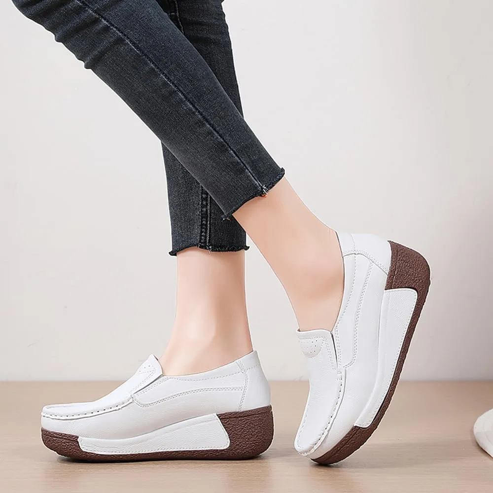YING LAN Women Slip On Loafers Comfort Leather Wide Low Top Casual Platform Shoes
