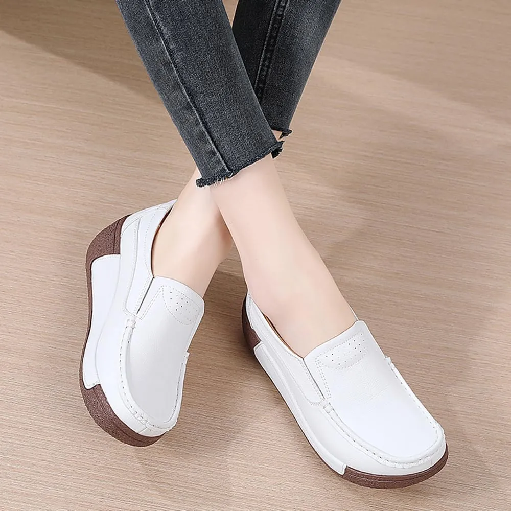 YING LAN Women Slip On Loafers Comfort Leather Wide Low Top Casual Platform Shoes