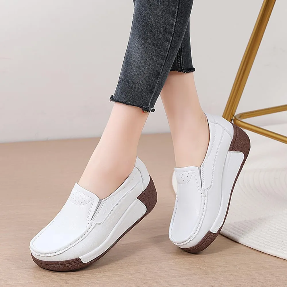 YING LAN Women Slip On Loafers Comfort Leather Wide Low Top Casual Platform Shoes