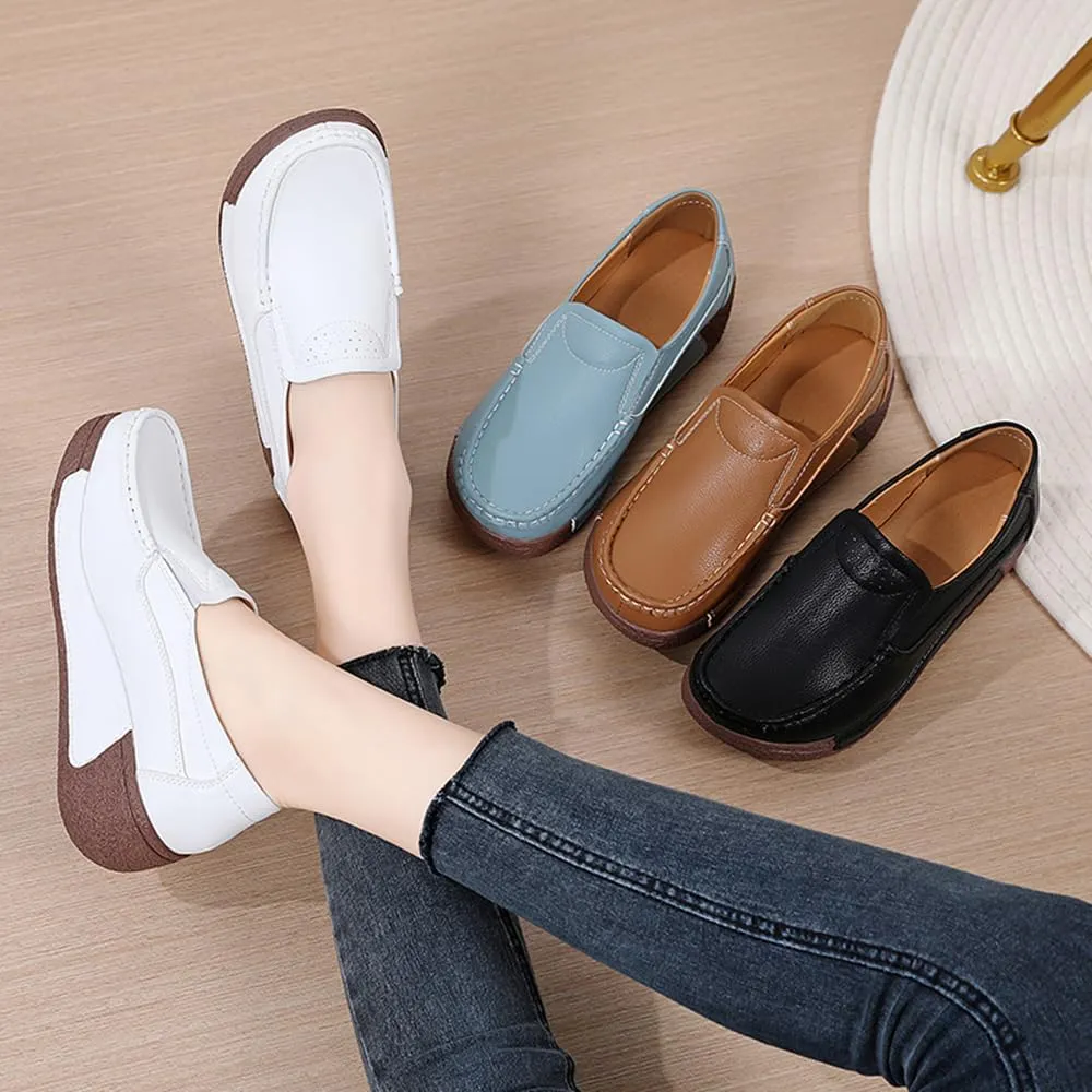 YING LAN Women Slip On Loafers Comfort Leather Wide Low Top Casual Platform Shoes