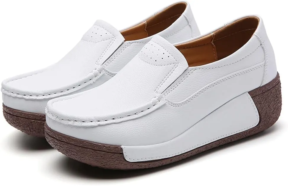 YING LAN Women Slip On Loafers Comfort Leather Wide Low Top Casual Platform Shoes