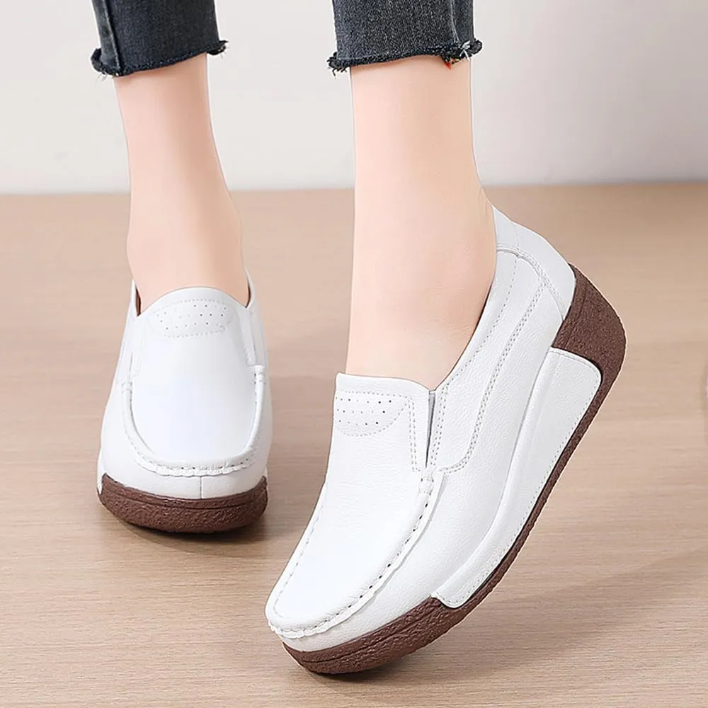 YING LAN Women Slip On Loafers Comfort Leather Wide Low Top Casual Platform Shoes