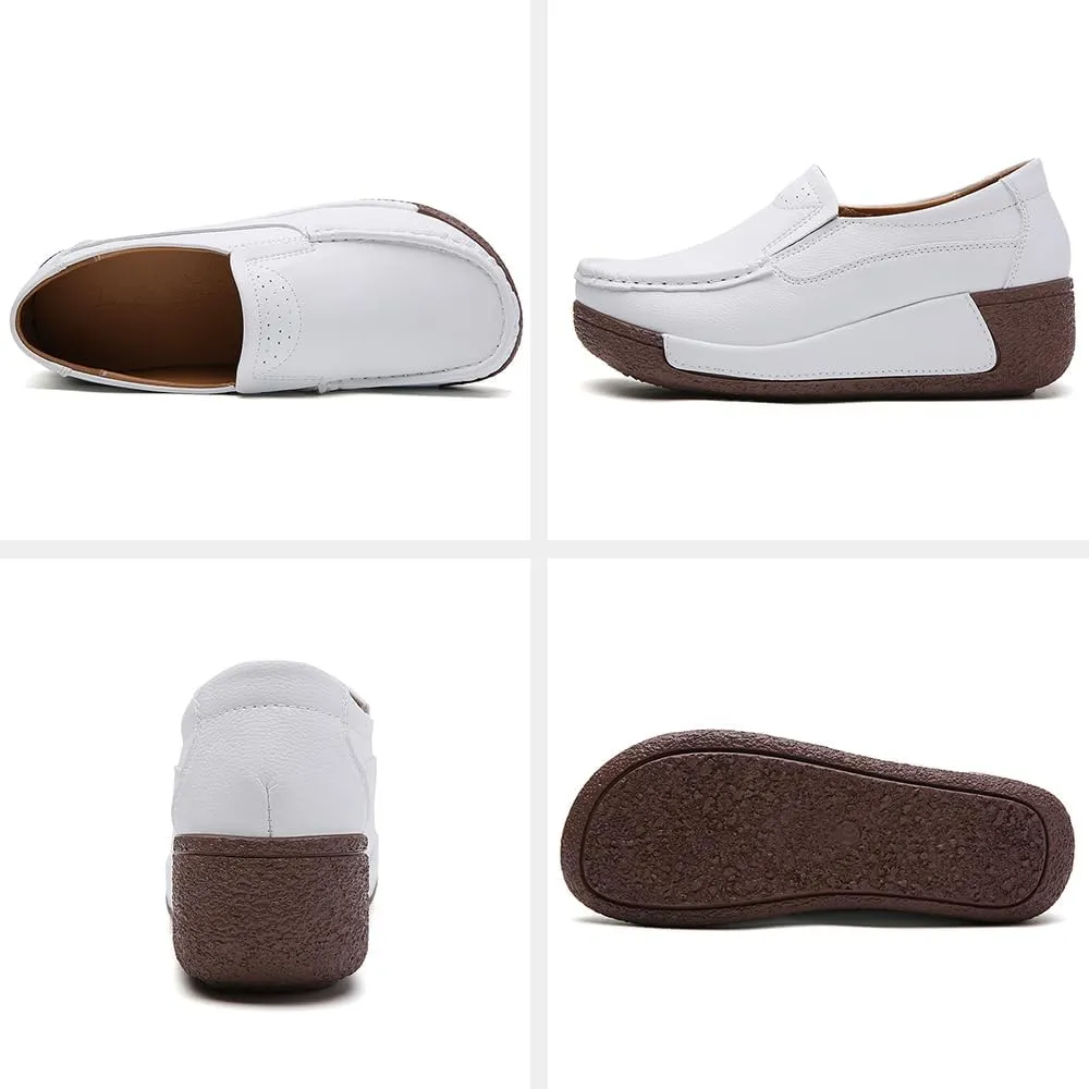 YING LAN Women Slip On Loafers Comfort Leather Wide Low Top Casual Platform Shoes