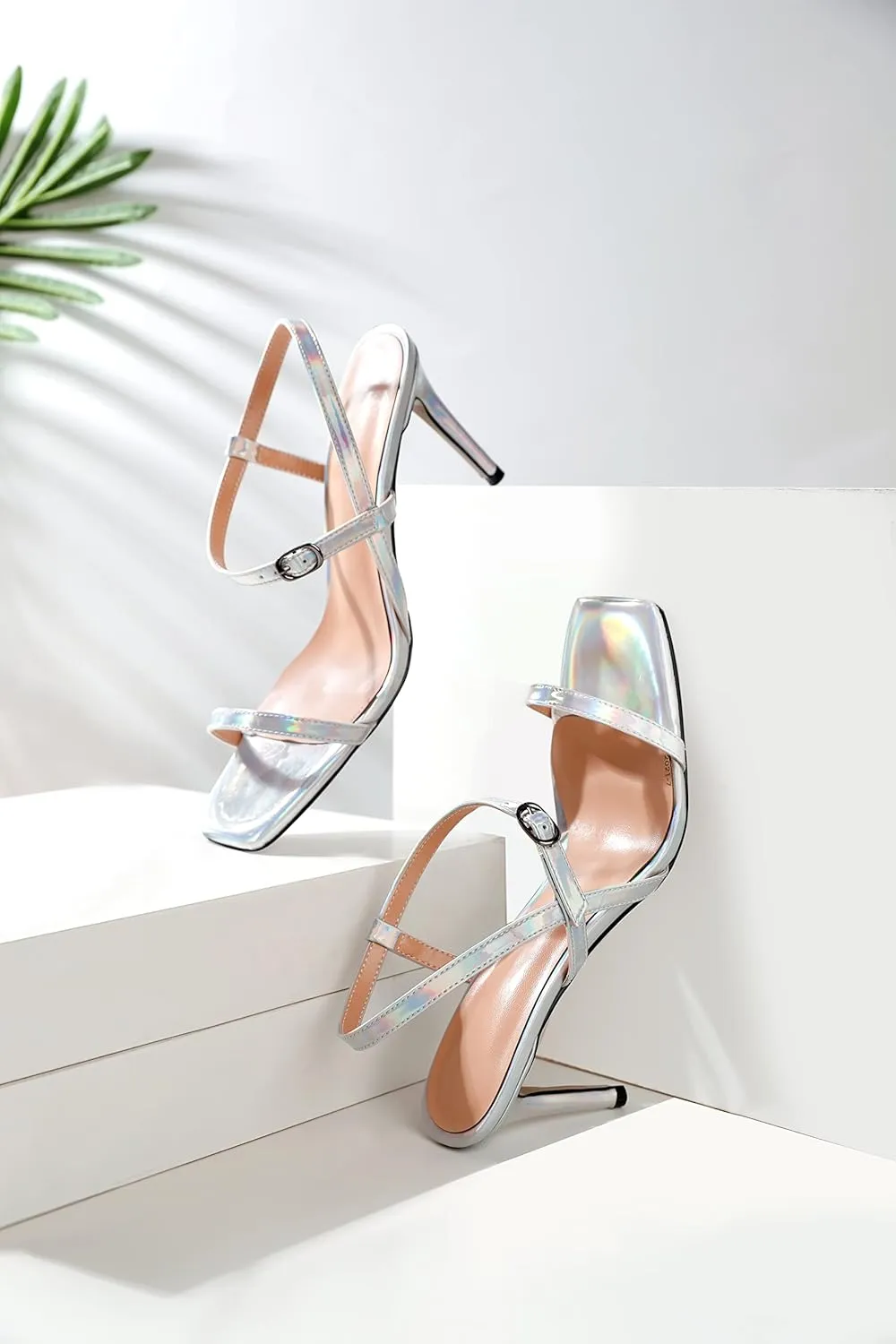 YODEKS Women's High Heel Sandals Open Square Toe Strappy Stiletto Heels Ankle Strap Shoes